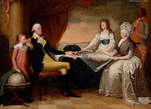 The Washington family gathers round the new plan for a national capital city drawn up by Pierre L’Enfant. This painting by Edward Savage, the keynote image of the ‘Common Destinations’ exhibition, is a perfect illustration of the role maps played in American public and private life. Image courtesy Winterthur Museum; Bequest of Henry Francis du Pont.